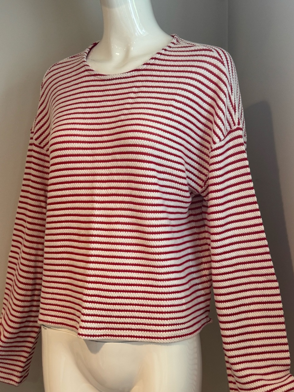 PIECES Red & White Striped Textured Knit Cropped Sweater XL